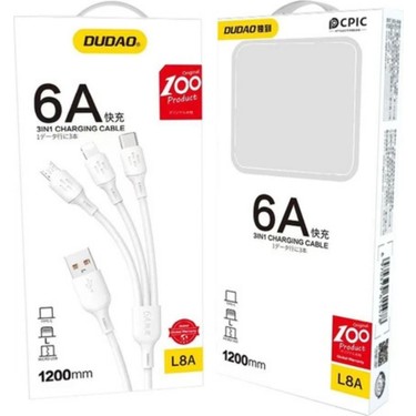 DUDAO L8A 66W Süper Hızlı Şarj Destekli 3'ü 1 Arada Şarj Kablosu (1.2 Metre)