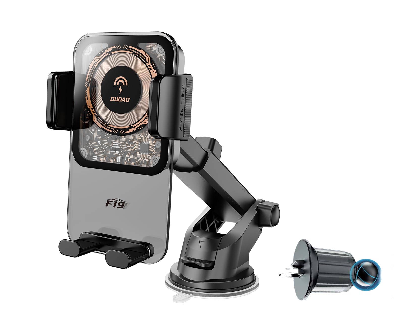 DUDAO F19 Kablosuz Araç Şarj Cihazı, Havalandırma Izgarası, Ön Cam, Gösterge Paneli ve Araç Telefon Tutucu için 15W Qi Hızlı Şarj, iPhone, Samsung, LG ve Tüm QI Cihazlar için Uzun Kollu 180° Vantuzlu Tutucu, Şeffaf Görünüm Tasarımı